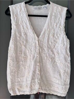 Carolyn Taylor Cream Vintage Cottagecore Beaded and Pearl Knit Vest